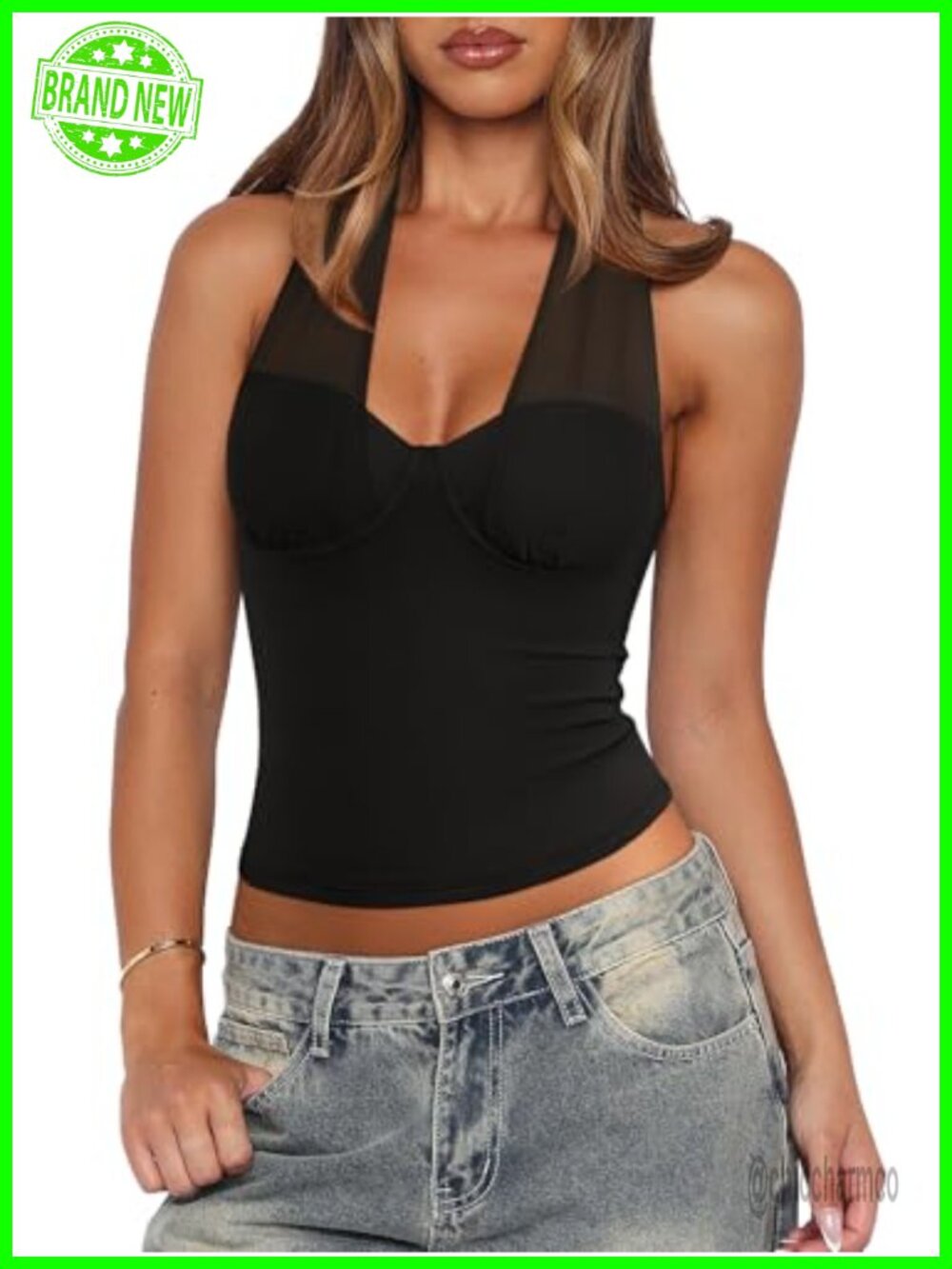 Mesh Halter Double Lined Deep V Neck Backless Cami Top Sexy Party Club Top